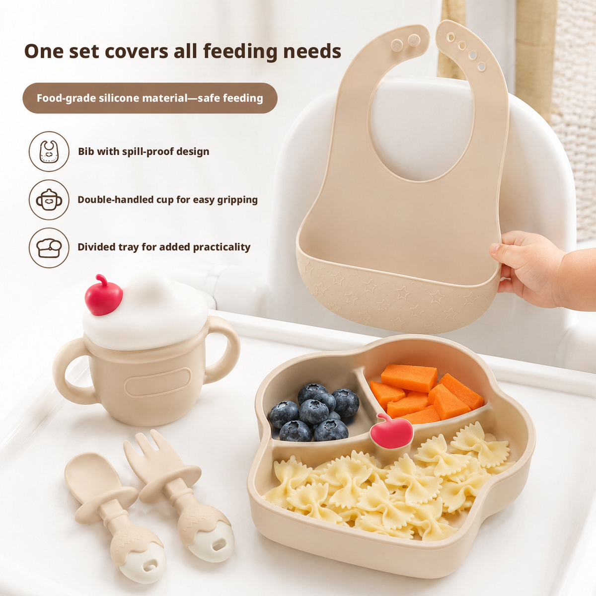 Heat Resistant Silicone Baby Feeding Tableware Set, Steam Sterilizable