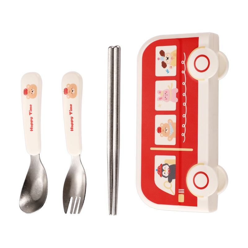 Cute Bus Kids Portable Cutlery Set, 316L Stainless Steel Spoon Fork Chopsticks with Storage Case for School Travel