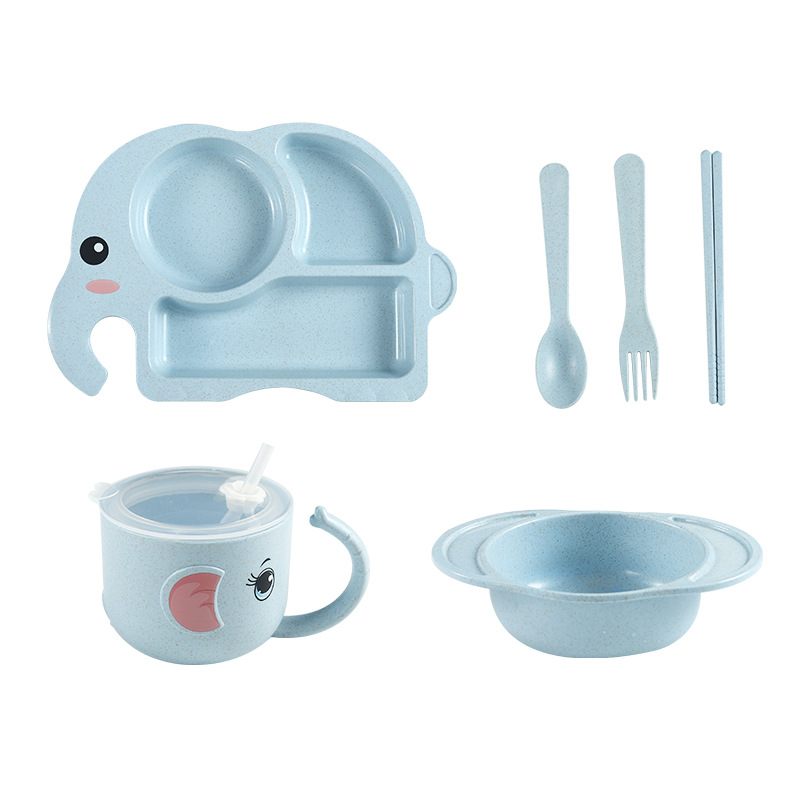 Adorable Elephant Wheat‑Straw Kids Dinnerware 6‑Piece Set | Toddler Self‑Feeding Kit, Divided Plate, Bowl, Straw Cup, Spoon Fork Chopsticks, 4 Colors Pink Blue Green Beige