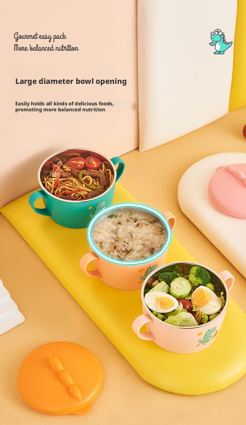 Cute Dinosaur Kids Stainless Steel Bowl with Handles and Lid, Baby Double Ear Soup Bowl, Children Food Feeding Tableware