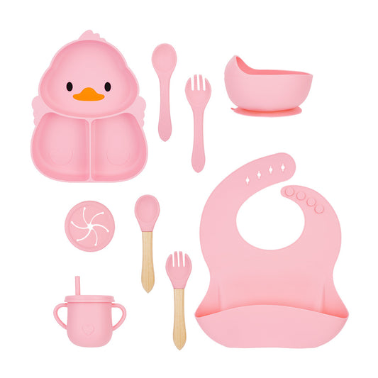 Cartoon Food-Grade Silicone Tableware Set for Babies, Anti-Drop Bowl, Cup and Bib for Infant Complementary Feeding