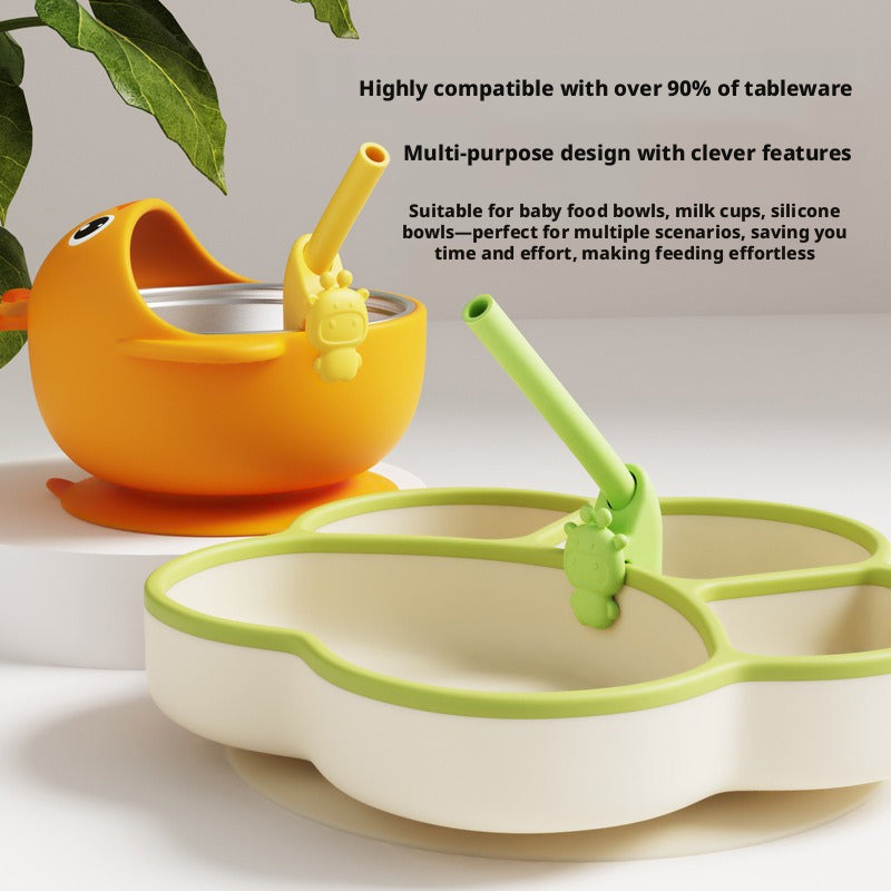 Silicone Soup Straw, Extended Detachable High Temperature Resistant Tableware Set for Kids to Have Porridge, Milk and Water