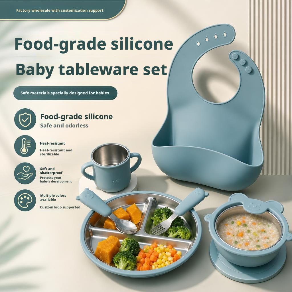 Food Grade Silicone Baby Feeding Set | Divided Plate, Suction Bowl, Stainless Steel Cup, Spoon & Fork, BPA-Free Toddler Self-Feeding Tableware