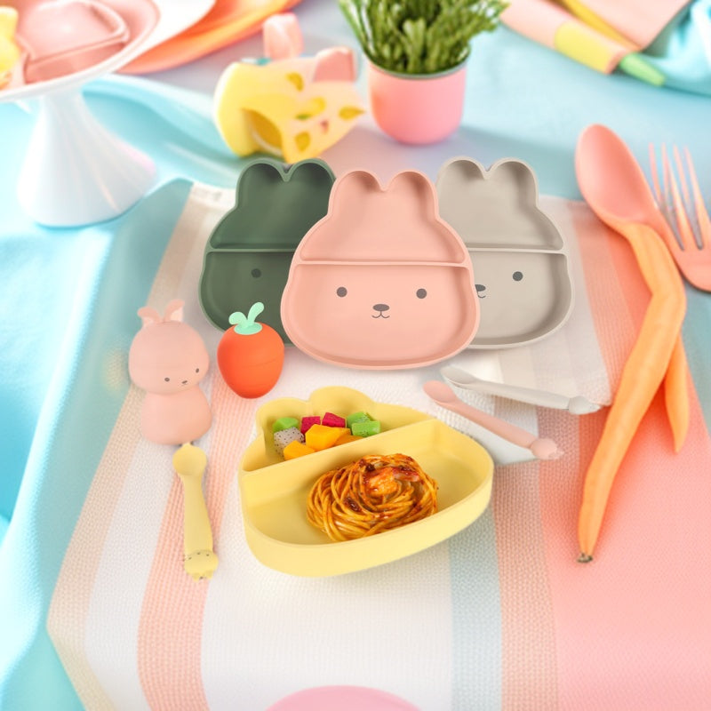 Cute Bunny Divided Silicone Baby Plate, Food-Grade Toddler Feeding Plate for Self Feeding