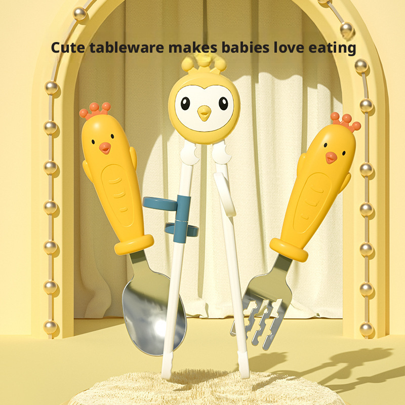 Cute Cartoon Chick Toddler Training Cutlery Set | Kids Learning Chopsticks Fork Spoon with Portable Storage Box