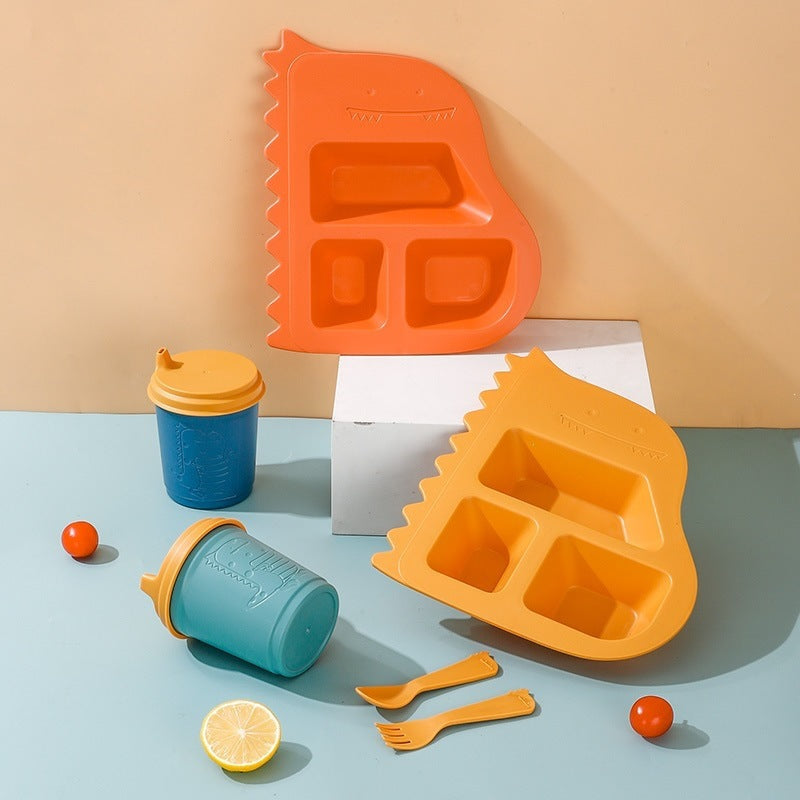 Kids Dinosaur Dinnerware Set, Wheat Straw Cartoon Divided Plate, Baby Feeding Bowl, Cup, Fork & Spoon, Toddler Tableware