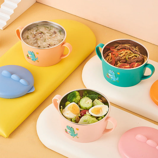 Cute Dinosaur Kids Stainless Steel Bowl with Handles and Lid, Baby Double Ear Soup Bowl, Children Food Feeding Tableware