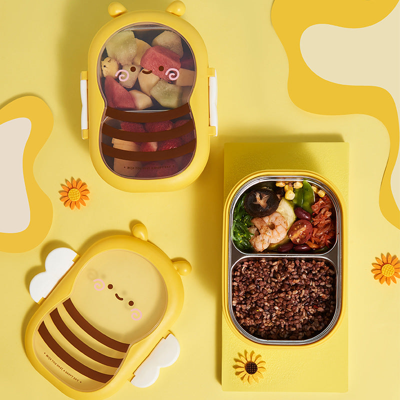 Cute Bee Kids Lunch Box, Food Grade Stainless Steel Bento Box, Divided Compartments, Leak Proof Portable Food Container for Toddler Boys Girls