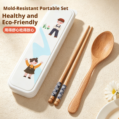 Portable Wooden Chopsticks Spoon Utensil Set with Storage Case, Cartoon Travel Cutlery Kit for Kids, Students & Office Workers