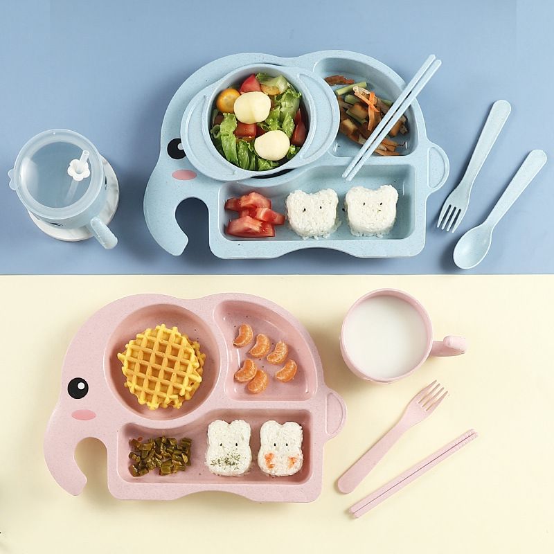 Adorable Elephant Wheat‑Straw Kids Dinnerware 6‑Piece Set | Toddler Self‑Feeding Kit, Divided Plate, Bowl, Straw Cup, Spoon Fork Chopsticks, 4 Colors Pink Blue Green Beige