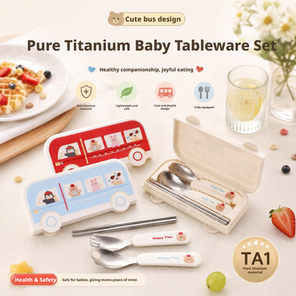Cute Bus Kids Portable Cutlery Set, 316L Stainless Steel Spoon Fork Chopsticks with Storage Case for School Travel