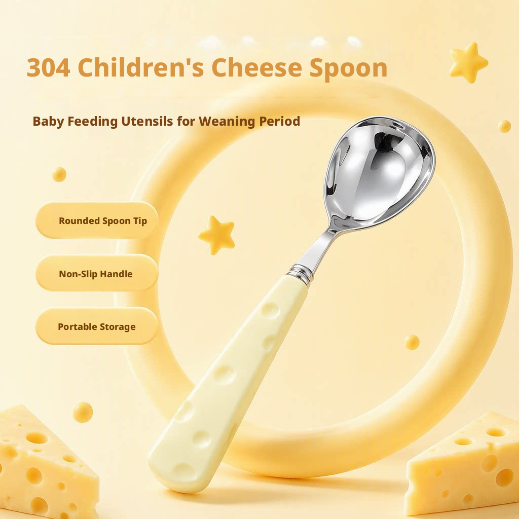 304 Stainless Steel Kids Cheese Spoon, Baby Self‑Feeding Training Spoon with Anti‑Slip Handle & Portable Storage Case