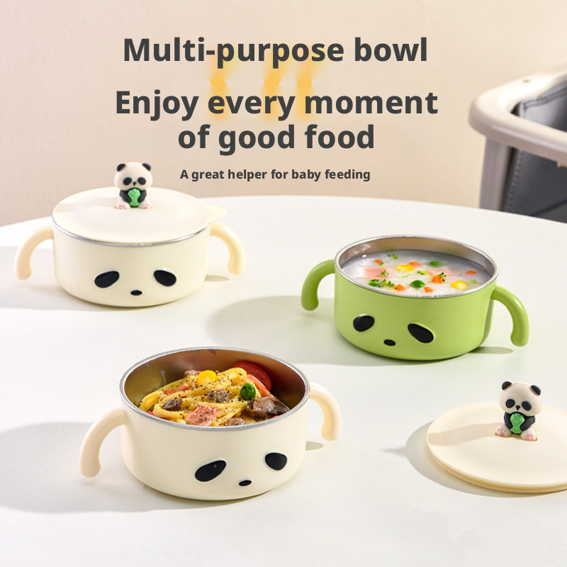 Cute Panda 316 Stainless Steel Baby Feeding Bowl, Detachable Easy‑Clean Toddler Bowl with Handles & Lid for Self‑Feeding