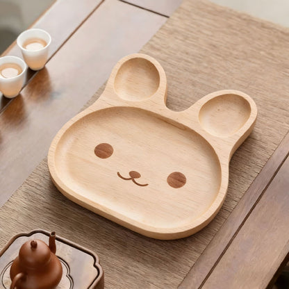 Cute Rabbit Shaped Rubber Wood Kids Divided Plate, Cartoon Irregular Wooden Dinner Tray for Children