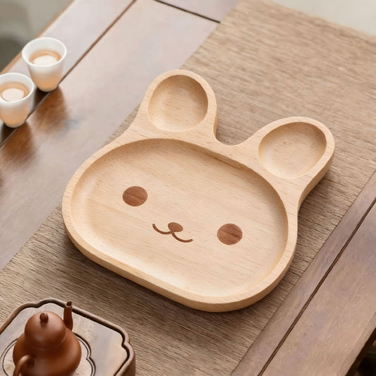 Cute Rabbit Shaped Rubber Wood Kids Divided Plate, Cartoon Irregular Wooden Dinner Tray for Children