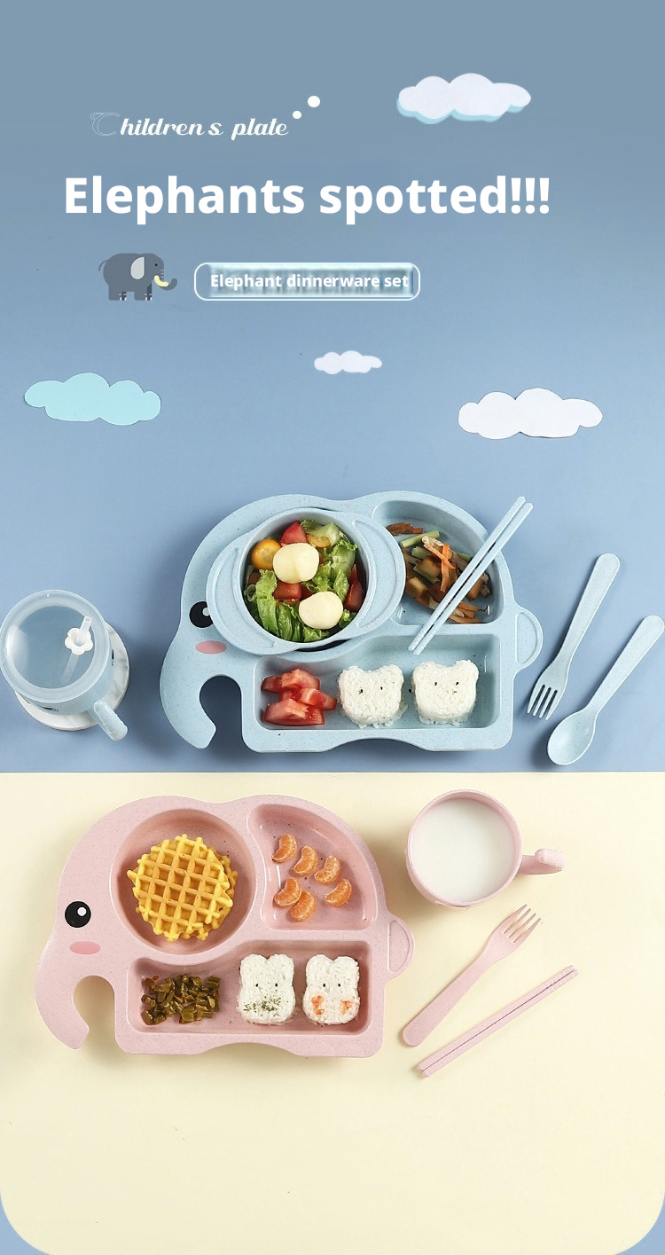 Adorable Elephant Wheat‑Straw Kids Dinnerware 6‑Piece Set | Toddler Self‑Feeding Kit, Divided Plate, Bowl, Straw Cup, Spoon Fork Chopsticks, 4 Colors Pink Blue Green Beige