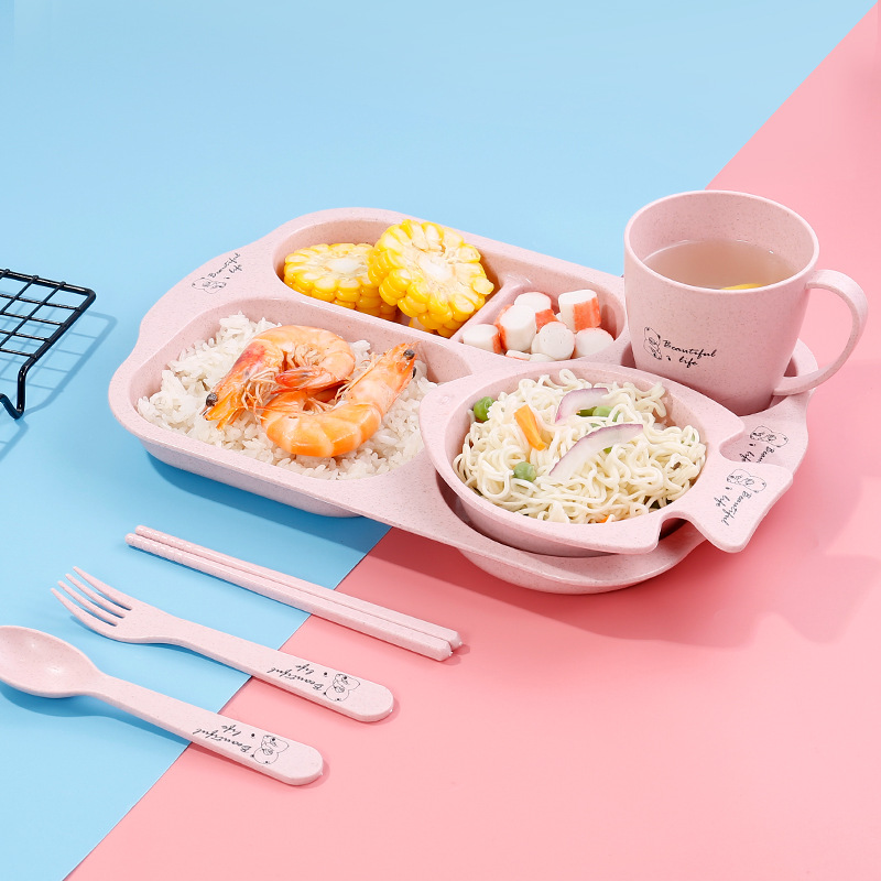 Cute Wheat Straw Kids Dinnerware Set, Divided Plate Complete Tableware Kit for Toddlers, 4 Colors Available