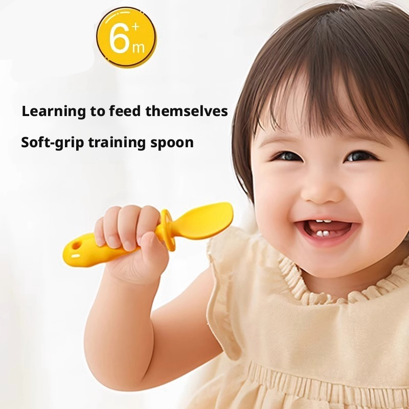 Baby Self‑Feeding Spoon, Integrated Anti‑Choke Silicone Utensil with Anti‑Drop Wrist Strap for Toddler Complementary Feeding