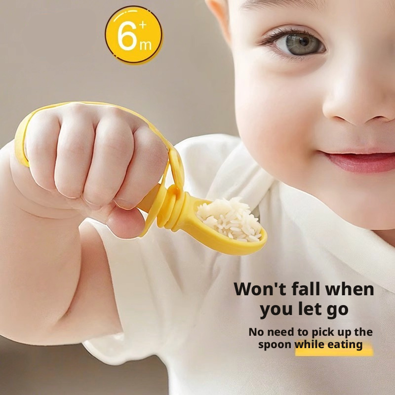 Baby Self‑Feeding Spoon, Integrated Anti‑Choke Silicone Utensil with Anti‑Drop Wrist Strap for Toddler Complementary Feeding