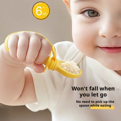 Baby Self‑Feeding Spoon, Integrated Anti‑Choke Silicone Utensil with Anti‑Drop Wrist Strap for Toddler Complementary Feeding
