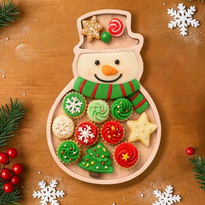 Cartoon Snowman Bamboo Wood Serving Tray, Kids Divided Dinner Plate for Food