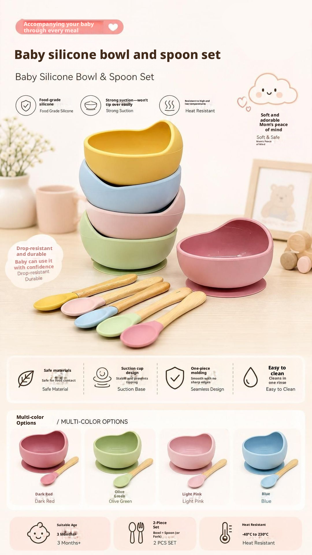 Baby Silicone Bowl & Spoon Set, Anti‑Drop Suction Training Feeding Set for Self‑Feeding