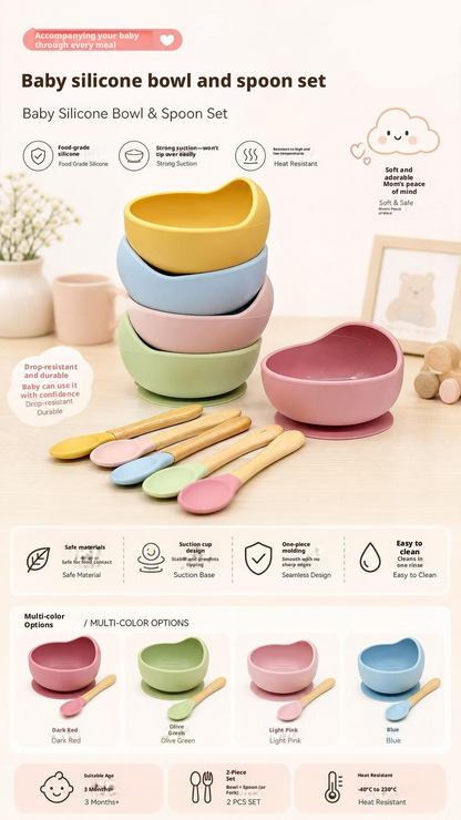 Baby Silicone Bowl & Spoon Set, Anti‑Drop Suction Training Feeding Set for Self‑Feeding