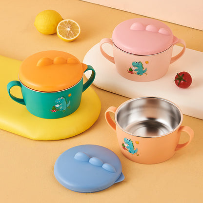 Cute Dinosaur Kids Stainless Steel Bowl with Handles and Lid, Baby Double Ear Soup Bowl, Children Food Feeding Tableware