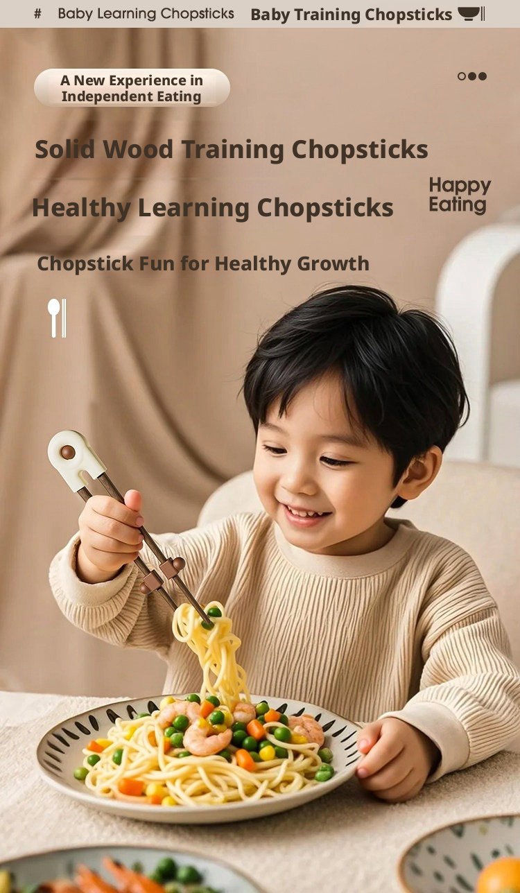 Solid Wood Toddler Training Chopsticks, Ergonomic Tiger‑Grip Auxiliary Chopsticks for Kids Self‑Feeding