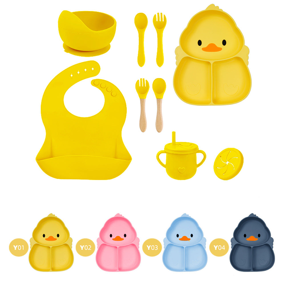 Cartoon Food-Grade Silicone Tableware Set for Babies, Anti-Drop Bowl, Cup and Bib for Infant Complementary Feeding