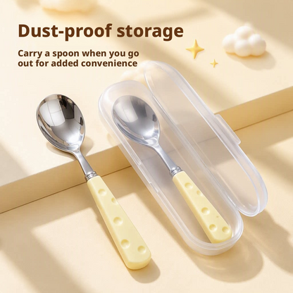 304 Stainless Steel Kids Cheese Spoon, Baby Self‑Feeding Training Spoon with Anti‑Slip Handle & Portable Storage Case