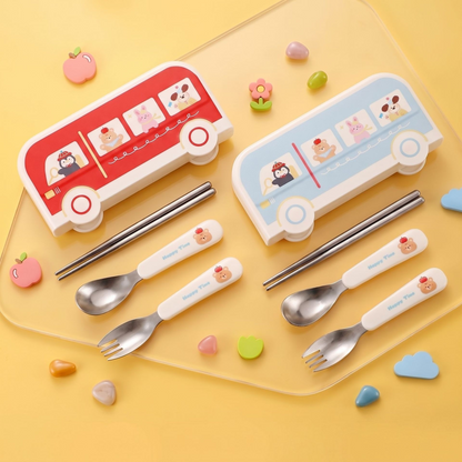 Cute Bus Kids Portable Cutlery Set, 316L Stainless Steel Spoon Fork Chopsticks with Storage Case for School Travel
