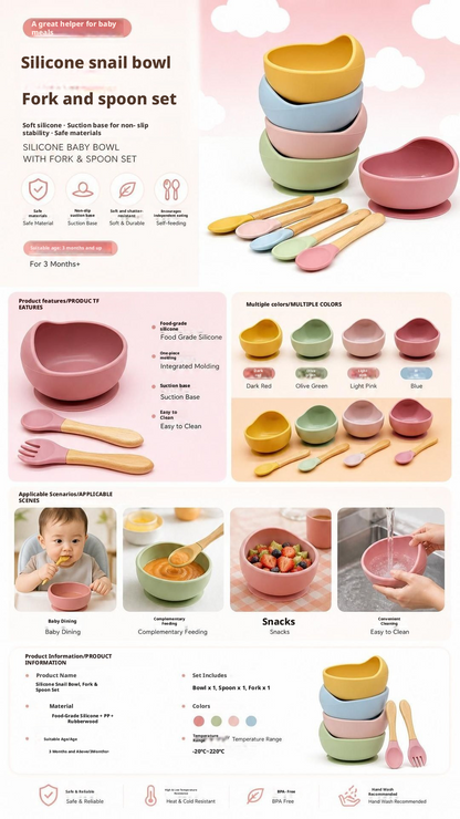 Baby Silicone Bowl & Spoon Set, Anti‑Drop Suction Training Feeding Set for Self‑Feeding