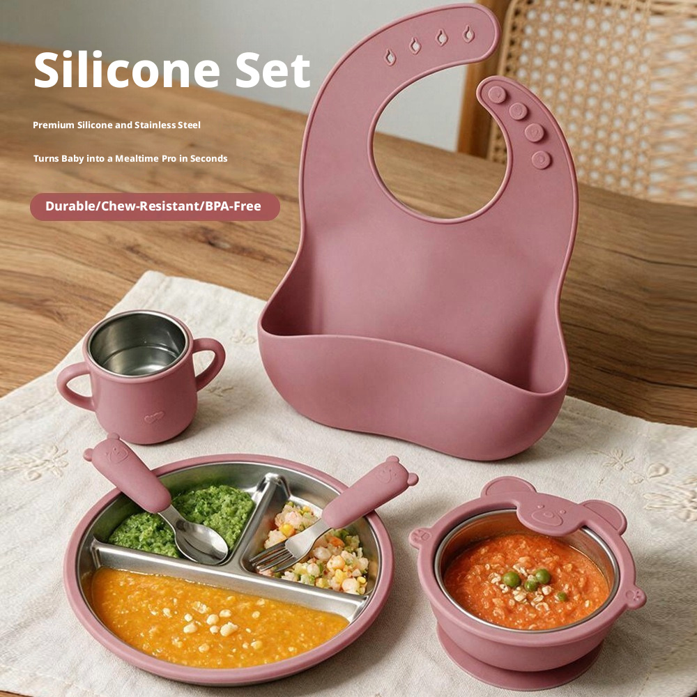 Food Grade Silicone Baby Feeding Set | Divided Plate, Suction Bowl, Stainless Steel Cup, Spoon & Fork, BPA-Free Toddler Self-Feeding Tableware