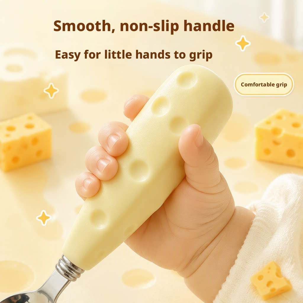 304 Stainless Steel Kids Cheese Spoon, Baby Self‑Feeding Training Spoon with Anti‑Slip Handle & Portable Storage Case