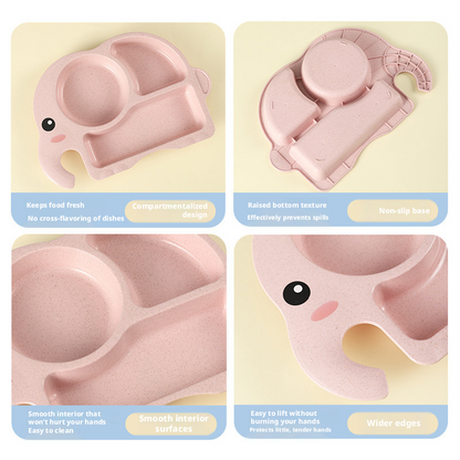 Adorable Elephant Wheat‑Straw Kids Dinnerware 6‑Piece Set | Toddler Self‑Feeding Kit, Divided Plate, Bowl, Straw Cup, Spoon Fork Chopsticks, 4 Colors Pink Blue Green Beige