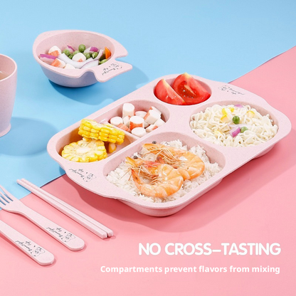 Cute Wheat Straw Kids Dinnerware Set, Divided Plate Complete Tableware Kit for Toddlers, 4 Colors Available