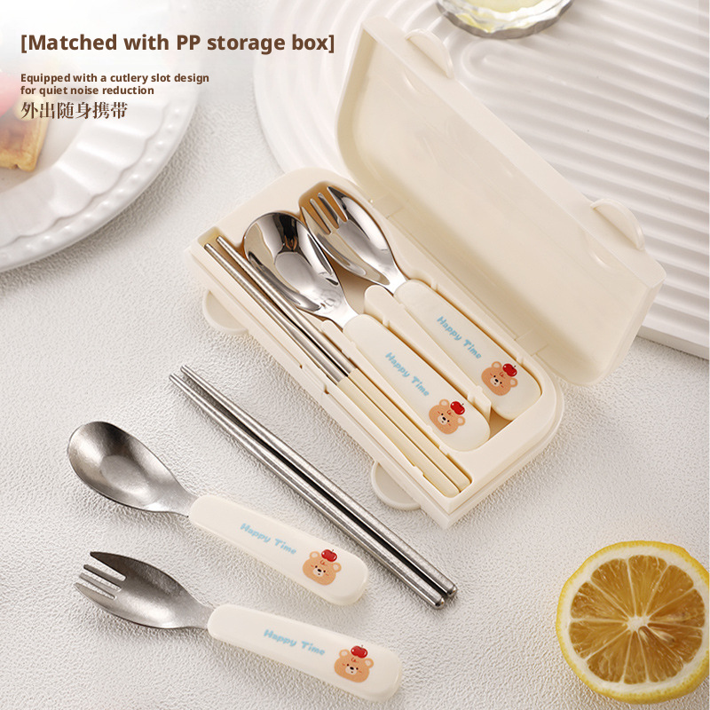 Cute Bus Kids Portable Cutlery Set, 316L Stainless Steel Spoon Fork Chopsticks with Storage Case for School Travel