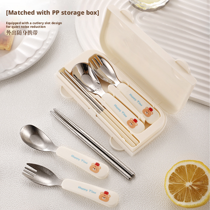 Cute Bus Kids Portable Cutlery Set, 316L Stainless Steel Spoon Fork Chopsticks with Storage Case for School Travel