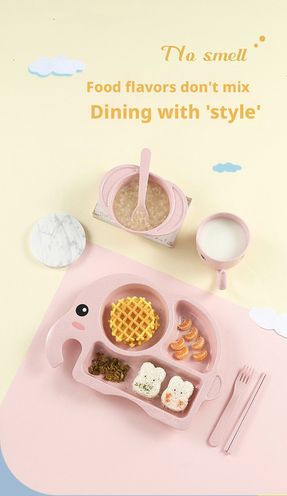 Adorable Elephant Wheat‑Straw Kids Dinnerware 6‑Piece Set | Toddler Self‑Feeding Kit, Divided Plate, Bowl, Straw Cup, Spoon Fork Chopsticks, 4 Colors Pink Blue Green Beige