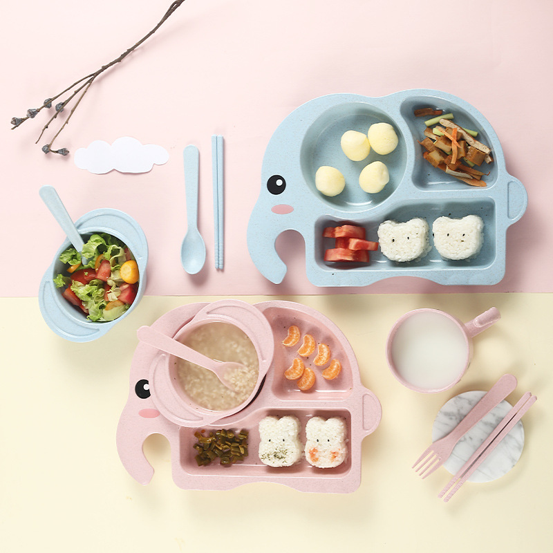 Adorable Elephant Wheat‑Straw Kids Dinnerware 6‑Piece Set | Toddler Self‑Feeding Kit, Divided Plate, Bowl, Straw Cup, Spoon Fork Chopsticks, 4 Colors Pink Blue Green Beige