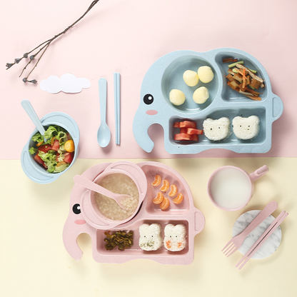 Adorable Elephant Wheat‑Straw Kids Dinnerware 6‑Piece Set | Toddler Self‑Feeding Kit, Divided Plate, Bowl, Straw Cup, Spoon Fork Chopsticks, 4 Colors Pink Blue Green Beige