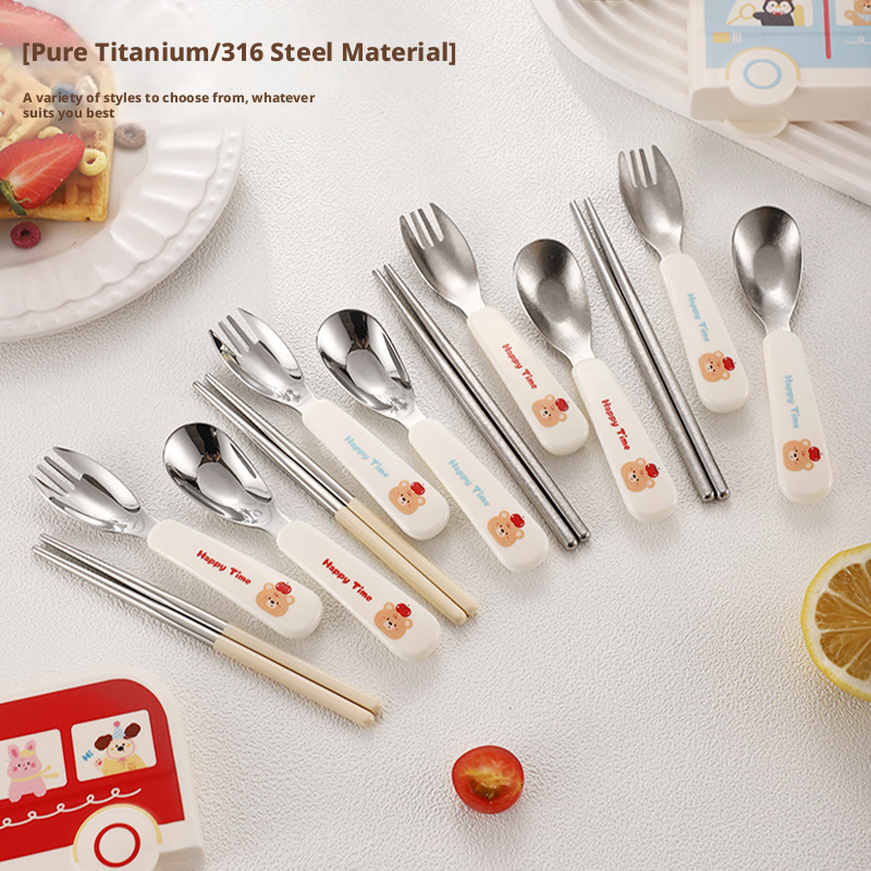 Cute Bus Kids Portable Cutlery Set, 316L Stainless Steel Spoon Fork Chopsticks with Storage Case for School Travel