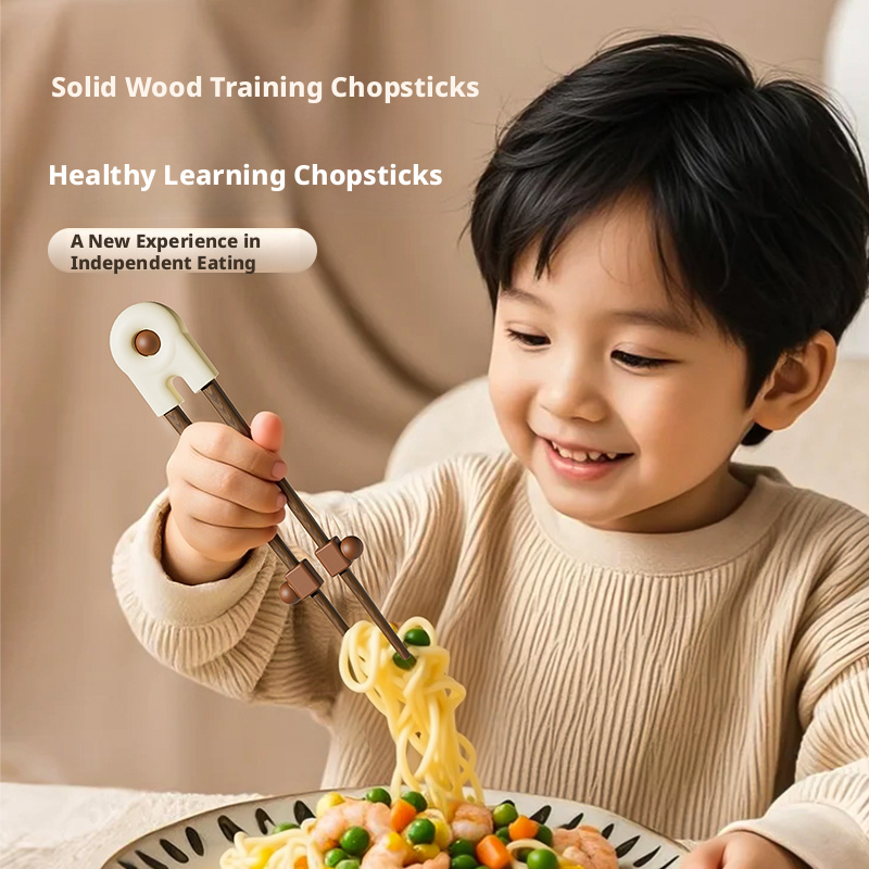 Solid Wood Toddler Training Chopsticks, Ergonomic Tiger‑Grip Auxiliary Chopsticks for Kids Self‑Feeding