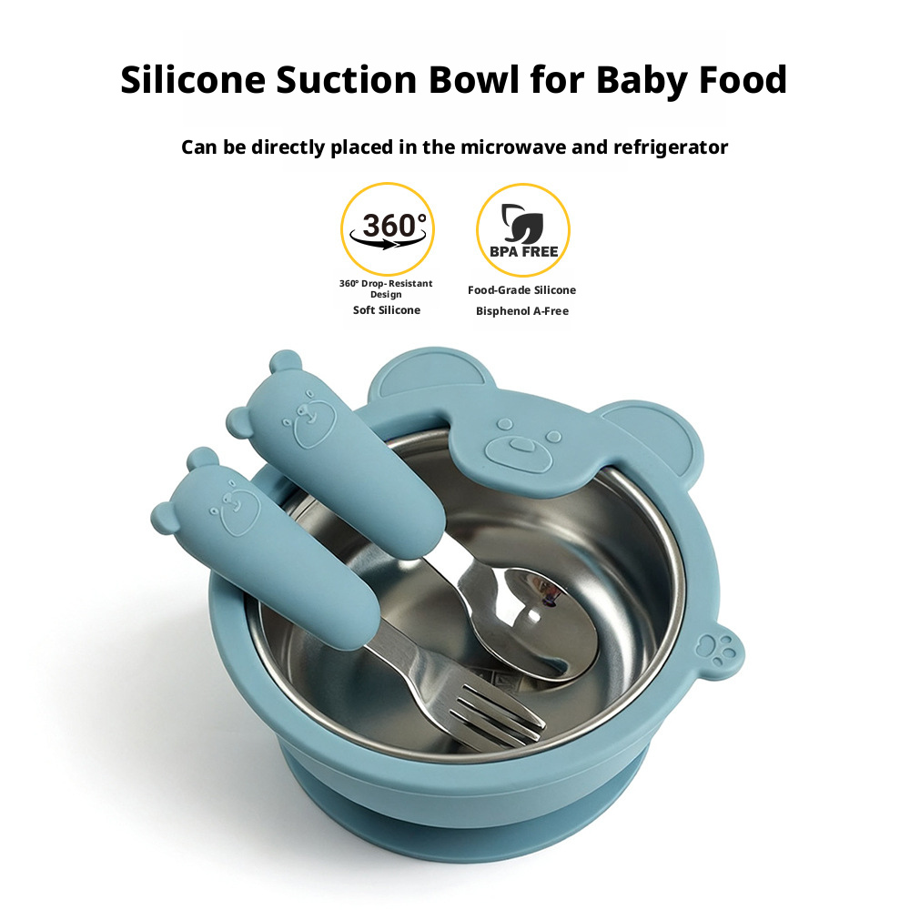 Food Grade Silicone Baby Feeding Set | Divided Plate, Suction Bowl, Stainless Steel Cup, Spoon & Fork, BPA-Free Toddler Self-Feeding Tableware