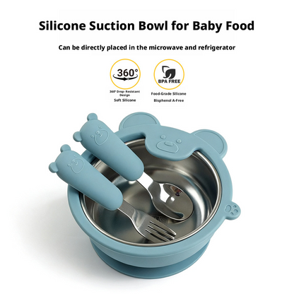 Food Grade Silicone Baby Feeding Set | Divided Plate, Suction Bowl, Stainless Steel Cup, Spoon & Fork, BPA-Free Toddler Self-Feeding Tableware
