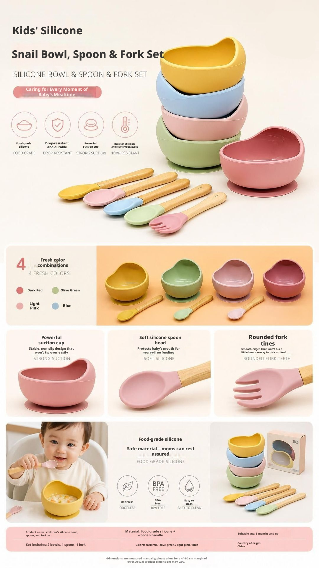 Baby Silicone Bowl & Spoon Set, Anti‑Drop Suction Training Feeding Set for Self‑Feeding