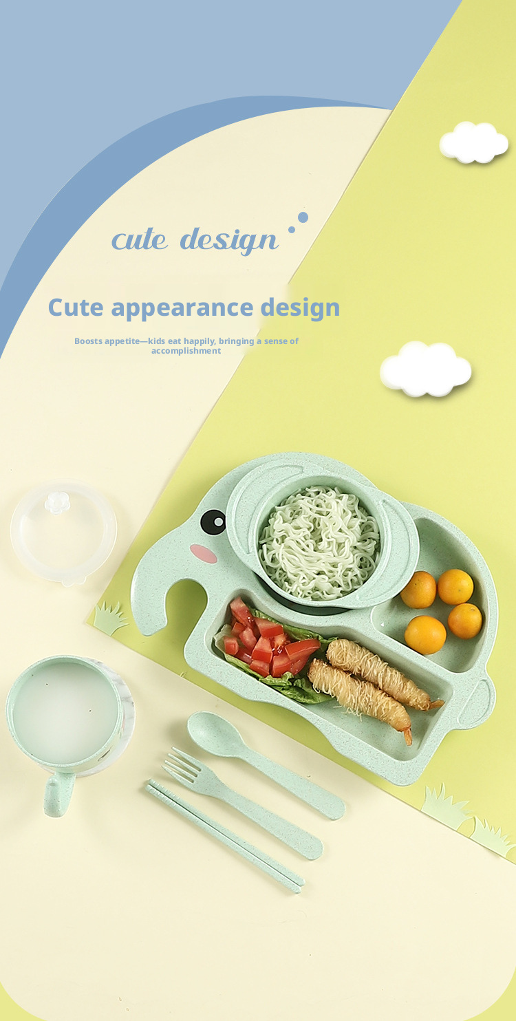 Adorable Elephant Wheat‑Straw Kids Dinnerware 6‑Piece Set | Toddler Self‑Feeding Kit, Divided Plate, Bowl, Straw Cup, Spoon Fork Chopsticks, 4 Colors Pink Blue Green Beige