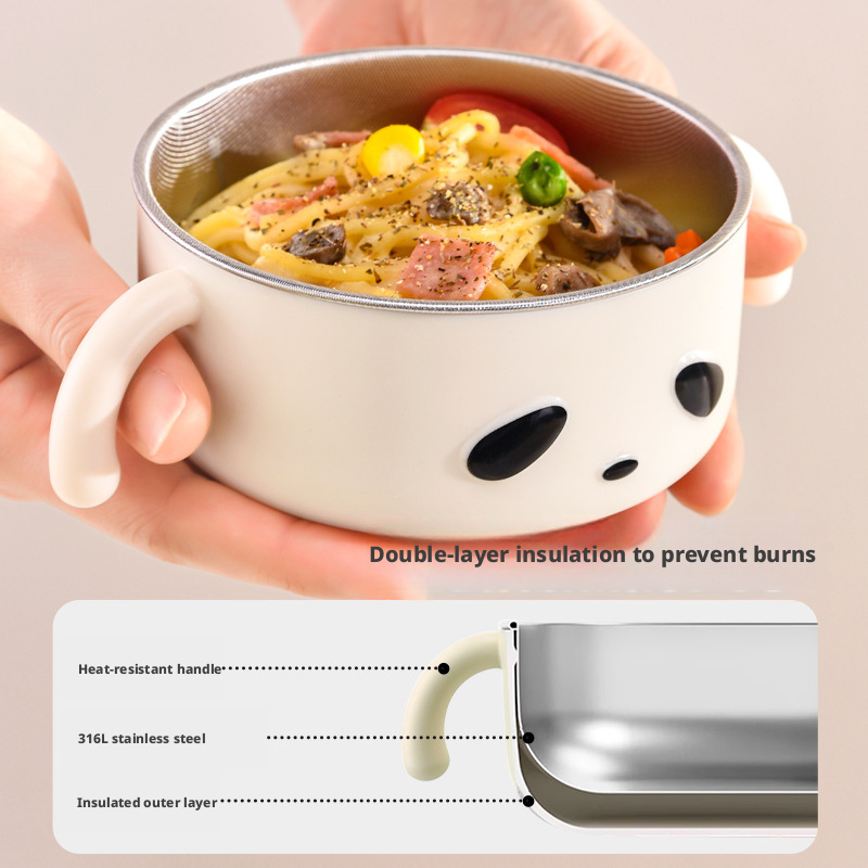 Cute Panda 316 Stainless Steel Baby Feeding Bowl, Detachable Easy‑Clean Toddler Bowl with Handles & Lid for Self‑Feeding
