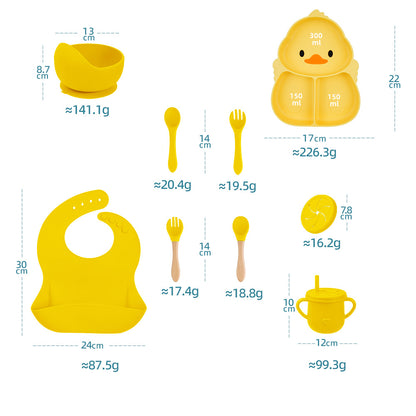Cartoon Food-Grade Silicone Tableware Set for Babies, Anti-Drop Bowl, Cup and Bib for Infant Complementary Feeding